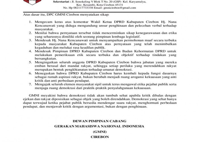 GMNI Cirebon Kecam Komentar Wakil Ketua DPRD, Desak Minta Maaf ke Publik