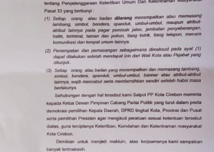 Satpol PP Kota Cirebon Edarkan Surat Imbauan Aturan Pemasangan APK Pemilu 2024