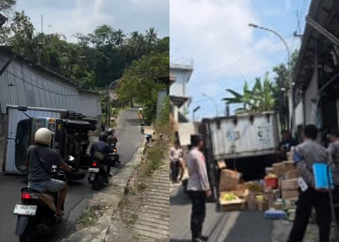 Truk Terguling di Taraju Kuningan, Diduga Tak Kuat Menanjak saat Melintasi Tikungan