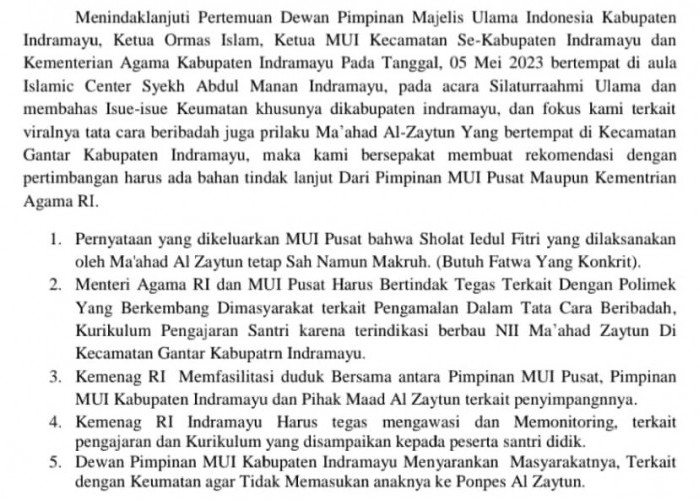 Rekomendasi MUI Indramayu kepada Menag: Tidak Memasukan Anak ke Ponpes Al Zaytun