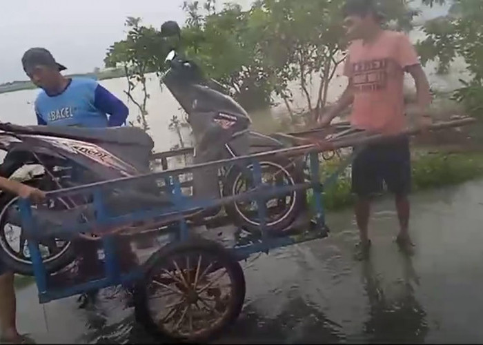 Pemotor Andalkan 'Ojeg Gerobak' untuk Melintas, Banjir Rendam Panguragan