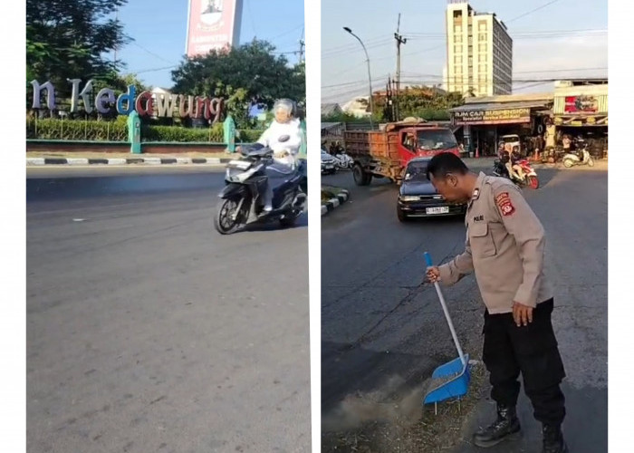 Tumpahan Oli di Bundaran Kedawung Cirebon Bikin Jalan Licin, Polisi Gerak Cepat Tabur Pasir