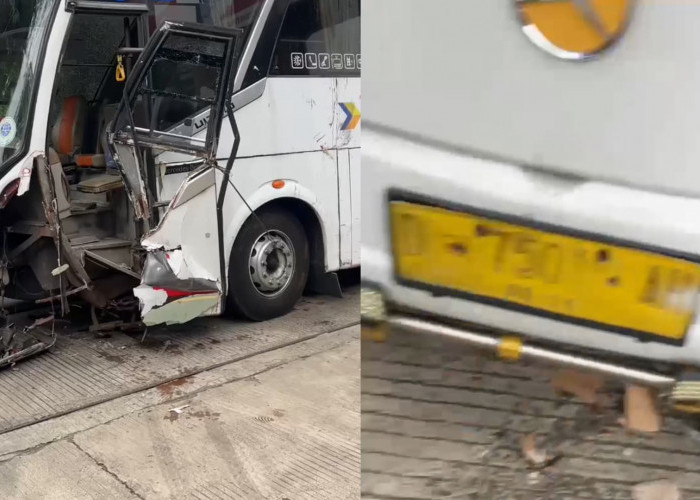 Diduga Gagal Ngerem, Bus DAMRI Tabrak Tembok Toko Bangunan di Kuningan