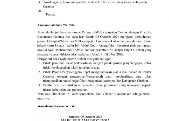 Jelang Maulid di Al Bahkan Buyut, MUI Kabupaten Cirebon Imbau Ustad Taufiq Assegaf Tak Dihadirkan